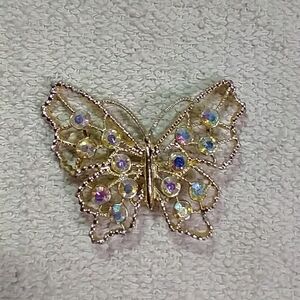 Goldtone Aurora borealis butterfly 🦋 brooch large
